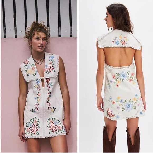 Free People Dresses & Skirts - Free People Willow Embroidered Mini Dress Floral White size XS NWT